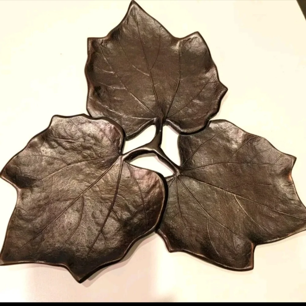 Crate & Barrel Maple Leaf Design Copper Colored Metal Candle/Plate Pre-owned